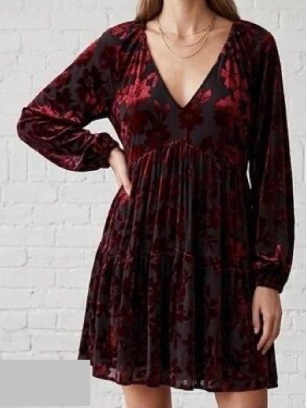 Taylor Burgundy Floral Velvet Burnout Long Sleeve Tiered Babydoll Mini Dress -6